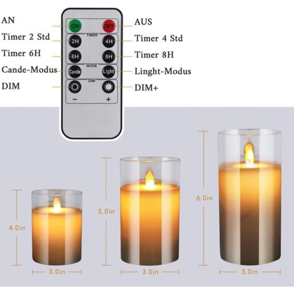 LED-flammeløse stearinlys som flimrer med fjernkontroll og timer, 4in 5in 6in,