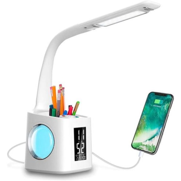 Study LED skrivebordslampe med USB-opladningsport, skærm, kalender og farvet