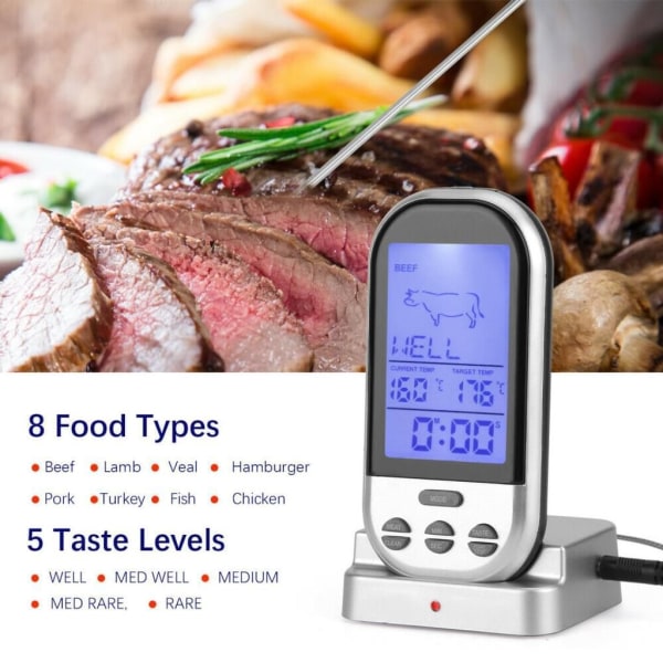 Trådlös kötttermometer - extern display, 8 typer av kött