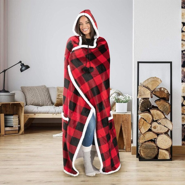 Amazonin suosittu huppullinen laiskapeitto, paksu ja pitkä lämmin takki, punainen ja musta ruudullinen painettu rento kotipeitto red and black plaid Size:52"x72"