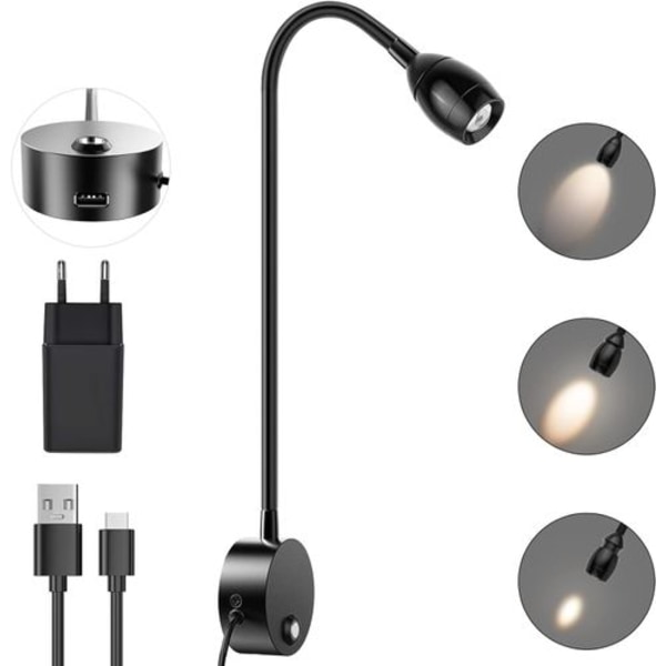 ERAY Väggmonterad läslampa, LED-sänglampa, touchbrytare, fokuserbar, 3 W