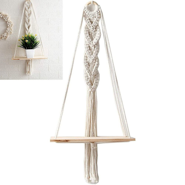 Makrame veggdekorasjon i tre, boho veggdekorasjon teppe planteholder