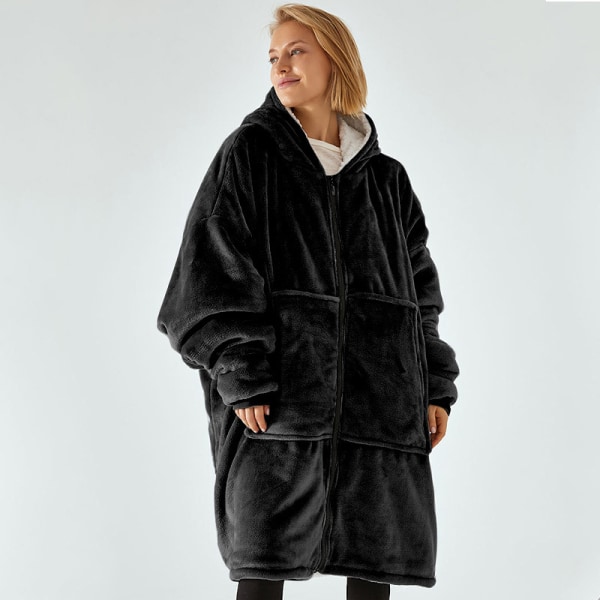 Tyk, doven tæppe til mænd og kvinder, hættepyjamas, varmt tøj, plysset tv-tæppe, løst Black size: one size