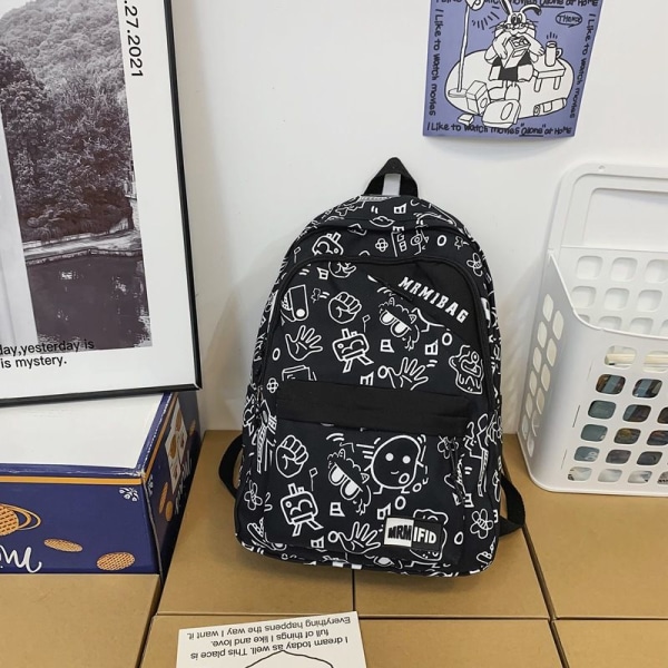 Student Skoleveske Ny Personlighet Flow Harajuku Graffiti Stil Ryggsekk Videregående Skoleelever Campus Skoleveske Kvinners Lær Ryggsekk - Svart