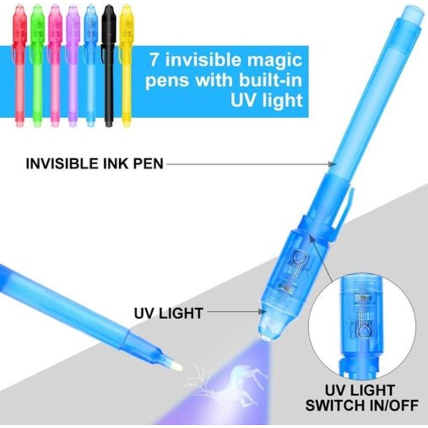 Pakke med 14 hemmelige penner med UV-lys, gjenbrukbar usynlig skrift med lys