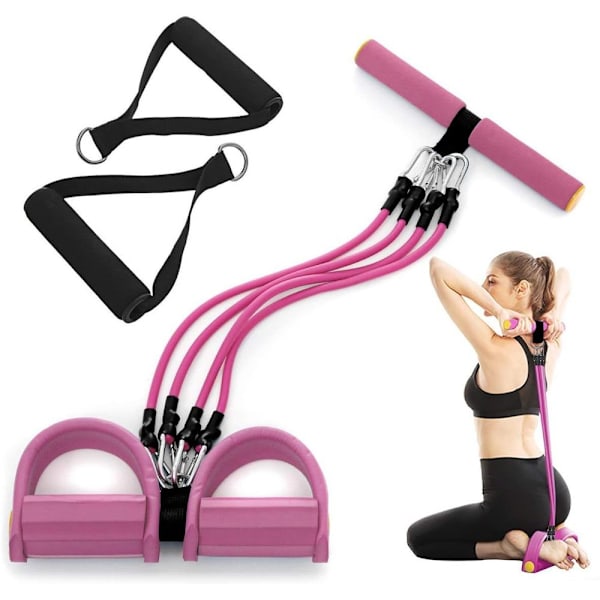 Abdominal Trainer Upgrade 3 Tubes Pedal Resistance Band Elastic Sit-up Pull Rope rosa