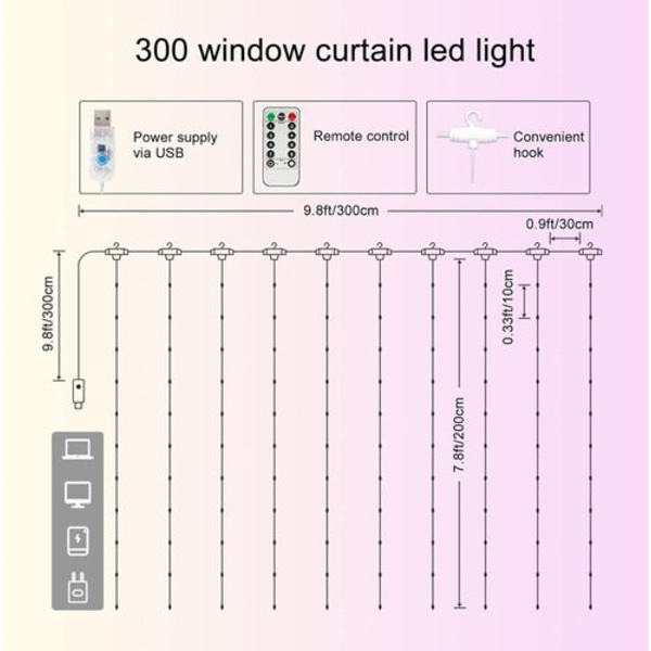 LED-valosarja, valoverho 300 LEDiä USB neljä väriä