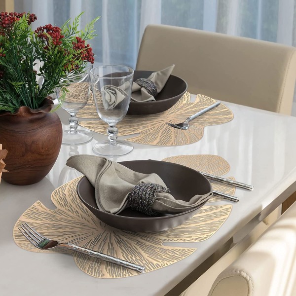 Metallic Placemats Hullet Ud Skridsikker Vinyl Måtte Varmeisolering Køkkenbord Måtte(Guld Bananblad, 6 Stk)Ingen Andre Genstande Inkluderet