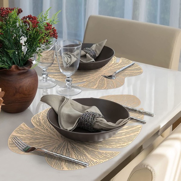 Metalliska bordstabletter ihåliga halkfri vinylmatta Värmeisolering köksbordsmatta (Bananblad i guld, 6 st) Inga andra föremål ingår
