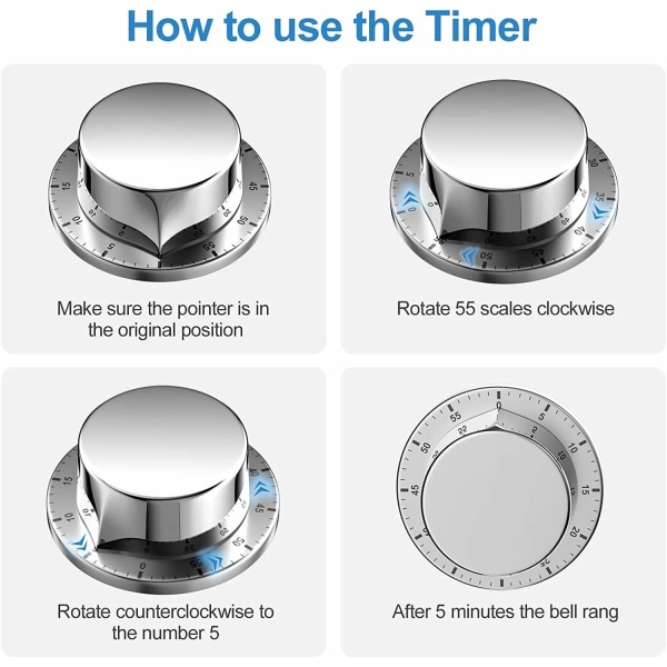 Mekanisk kjøkkentimer, adsorberbar magnetisk timer, gjenbrukbar vanntett rustfritt stål timer, 60 minutters nedtelling