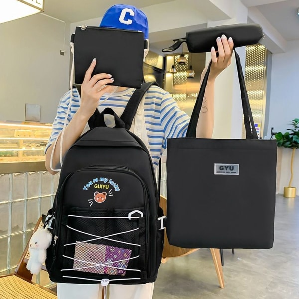 Studenter Skoleveske Kvinner Skoleveske Barneskole Student Ryggsekk Harajuku Søt Jente Hjerte College Videregående Skole Stor Kapasitet Ryggsekk - Blå