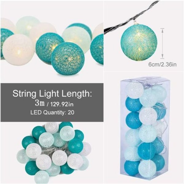 Cotton Ball Fairy Lights - 3m 20 LED Ball Fairy Lights til indendørs natlys
