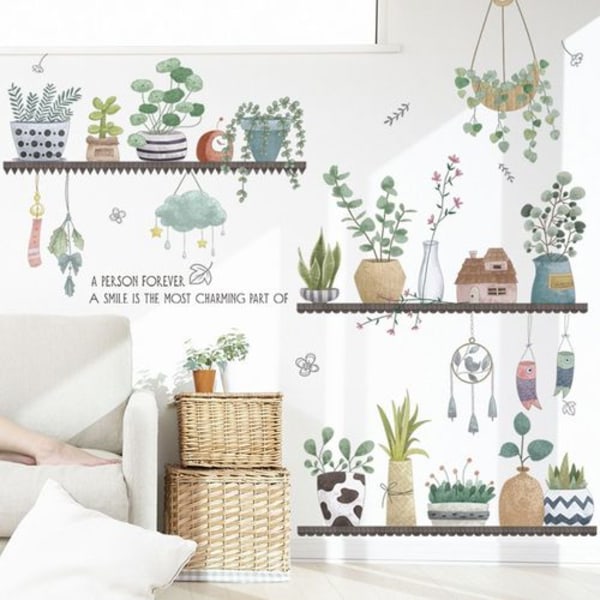 Väggklistermärken med gröna krukväxter och löv - väggklistermärken för sovrum