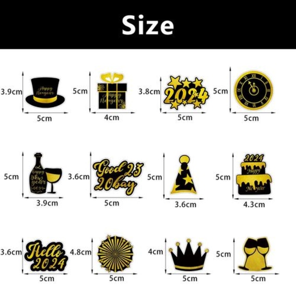 12 stykker Happy New Year cupcake toppers, 2024 festdekorasjoner.