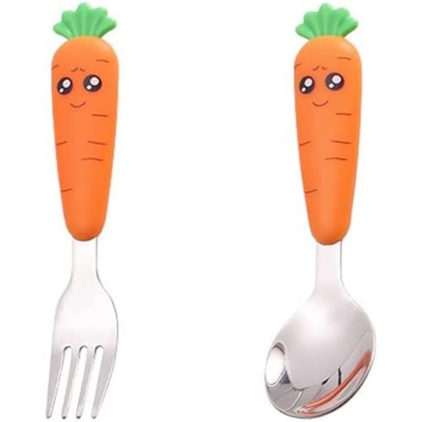2 stk rustfritt stål barnebestikksett, barnebestikk i rustfritt stål, gaffel og skje for barn, baby, hjem, skolebruk (rundt håndtak, gul)