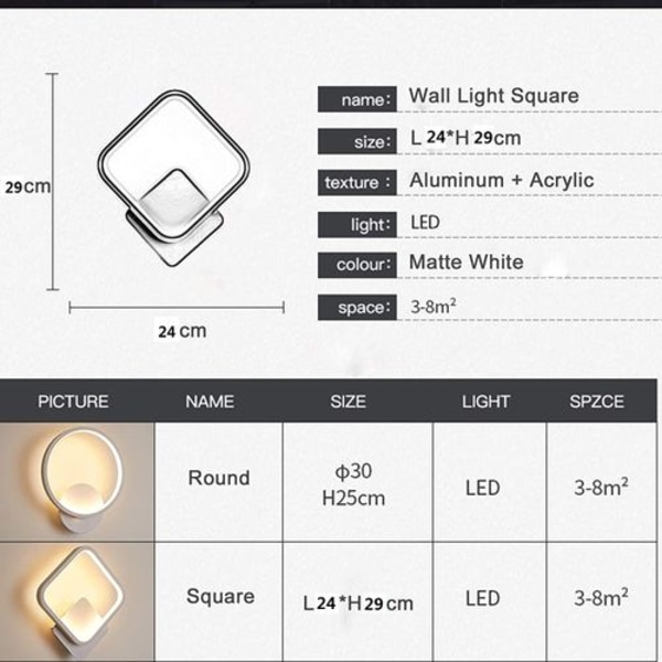 Innendørs vegglampe LED firkantet vegglampe 12W varm hvit