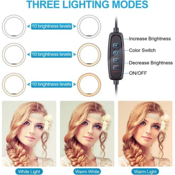 10 tommer selfie ringlys med stativ, dæmpbar LED-bordlampe, kameraringlys med