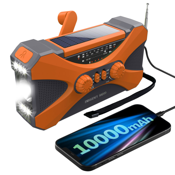 10000mAh solenergi nødradio med håndsving, med håndsving strømgenerering, lommelygte, USB multifunktionsradio, orange orange