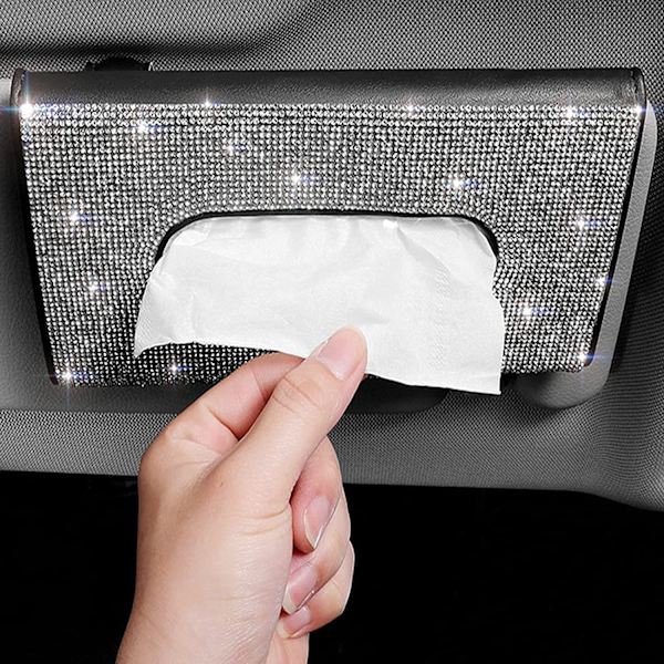 Kunstlær Tissue Box, Bil Tissue Box, Bil Tissue Box Papirholder, for Bil Solskjerm - Håndlaget - med Glitrende Krystaller - for Kvinner