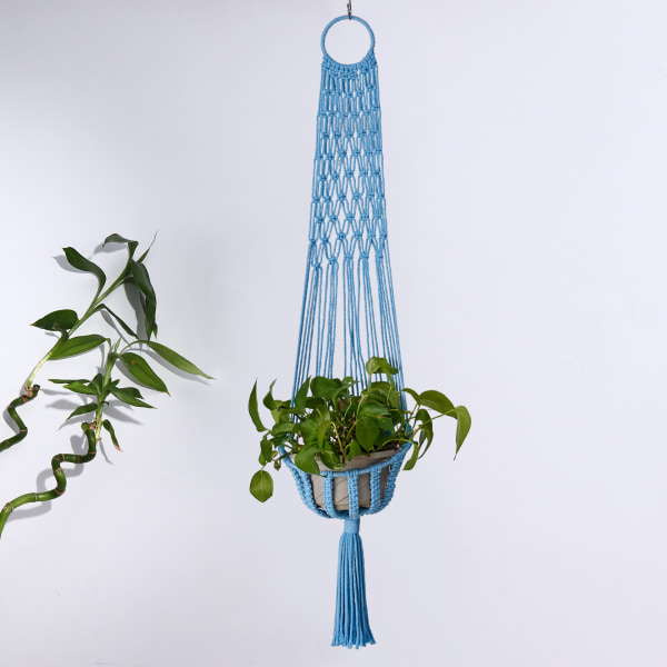 Handvävd bomullsrepplanterhängande korg Blue Length 95CM