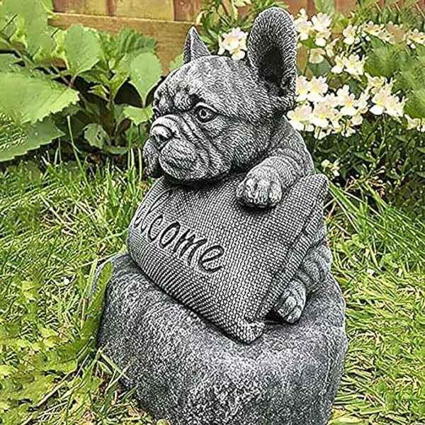 1 stk fransk bulldog hagedekorasjon, velkomstskiltstatue i
