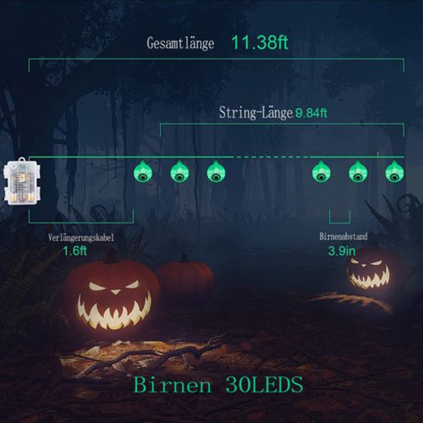 Halloweenin vihreät silmämuna-keijut valot kaukosäätimellä, 30 LED-paristo