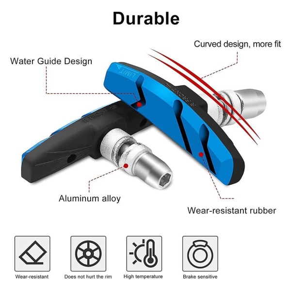 4 stk. cykelbremseklodser V-bremse 70mm | Ingen støj | Sort Blå