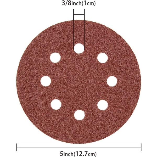 100 kappaleen kiekkosetti - 125 mm 8-reikäinen hiekkapaperi, 10 karkeutta, sis.