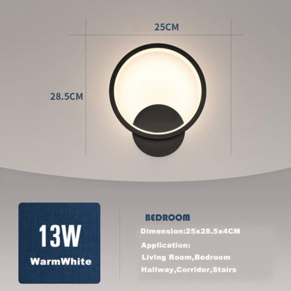 Indendørs væglampe LED 13W rund væglampe sort varm hvid