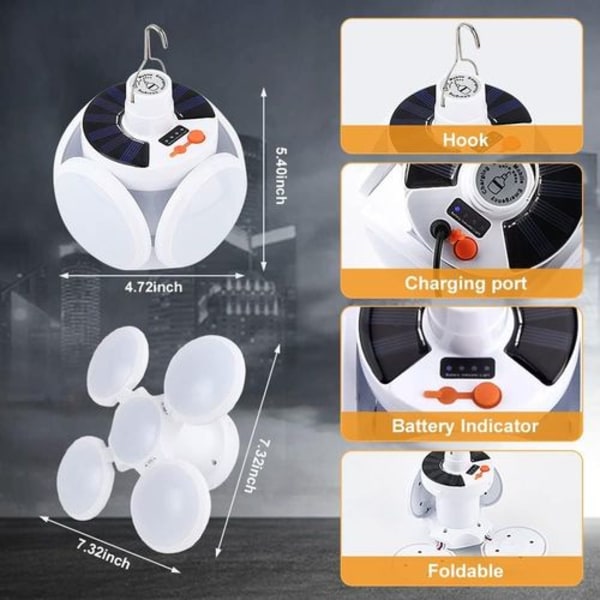 Aurinkokäyttöinen hätätilanteen kannettava retkeilylyhty, USB-ladattava, 5