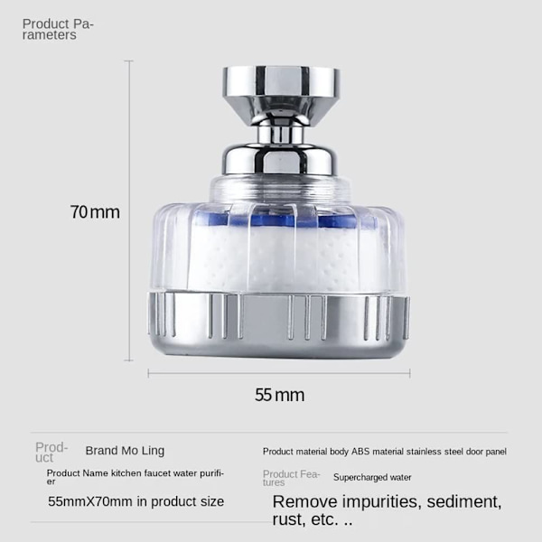 Kranvattenfilter, universellt anti-kalkfilter med 6 PP-bomullsfilterelement, 360° roterande sprayhuvud -