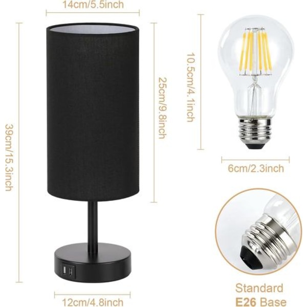 Senglampe med USB-port - bordlampe med touch-kontrol til