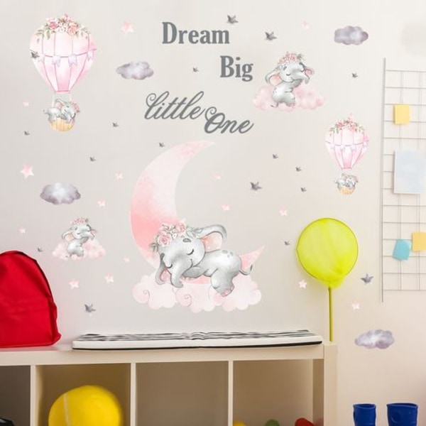 Elephant Wall Stickers Pink Moon Varmluftsballon Grå Stjerner Wall Stickers til