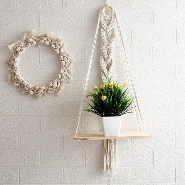 Macrame väggdekoration i trä, boho väggdekoration gobeläng växtkruka