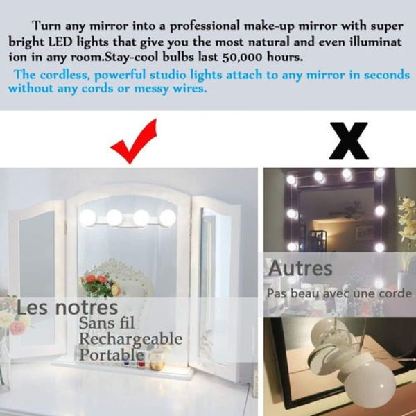 Stykke makeup lys, spejl lys, makeup lys, lysstyrke justerbar, USB/batt