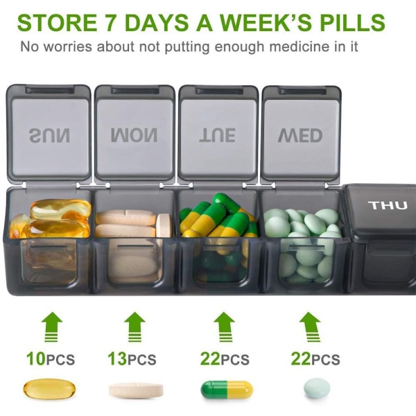 Ekstra stor ugentlig pillearrangør, daglige pilleæsker til