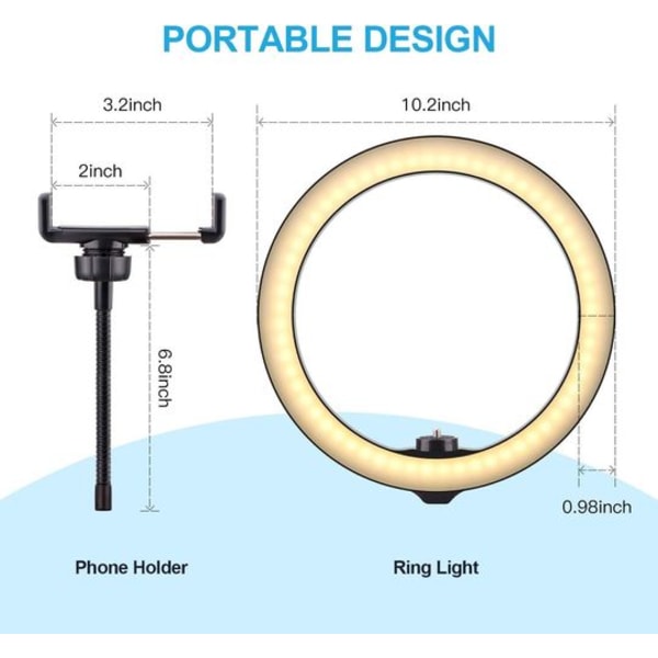 10 tommers selfie-ringlys med stativ, dimbar LED-skrivebordslampe, kamera-ringlys med