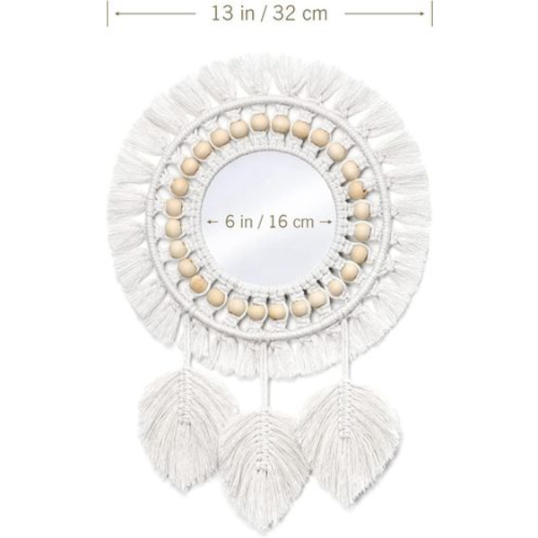 Väggspegel - Boho spetsfrans runt dekorativ spegel med träpärlor