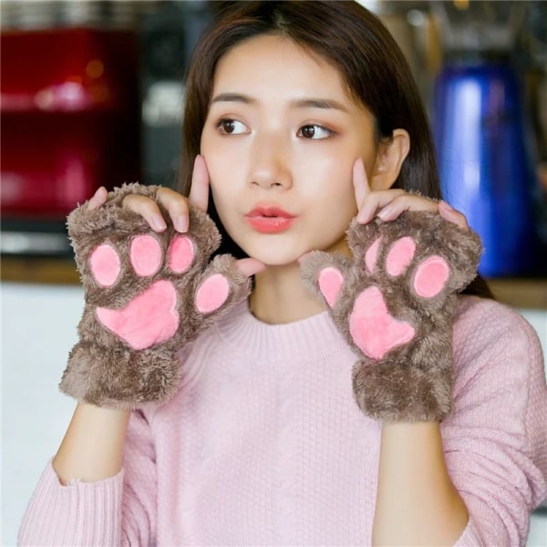 Katteklo-handsker til kvinder om vinteren, søde kattestuderende, alle matchende fingerløse handsker, bjørnepote-halvfingerhandsker til kvinder, plus fløjl og fortykkelse Khaki