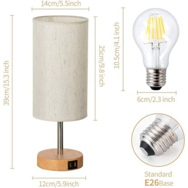 Sänglampa med USB-port - bordslampa med touchkontroll för sovrum