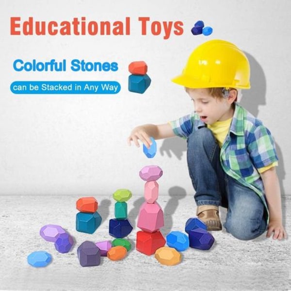 Balancerende sten træstablelegetøj, 20 stk Montessori trælegetøj farvet