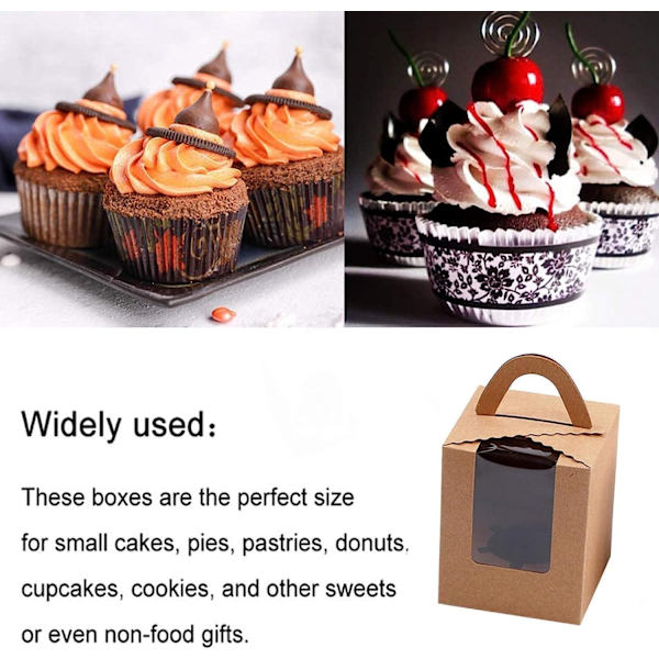 25 stk. (brune) bærbare cupcake-æsker, individuelle cupcake-æsker med vindue, med PVC-indsats og håndtag og display-vindue, til fødselsdagsfest bryllup