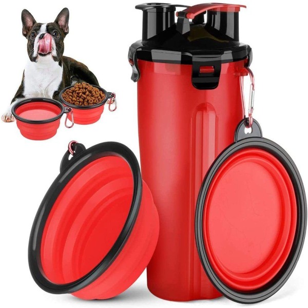 Sammenfoldelig hundeskål, sammenfoldelig hundeskål 2-i-1 lækagesikker bærbar kæledyrsvandflaske (rød)