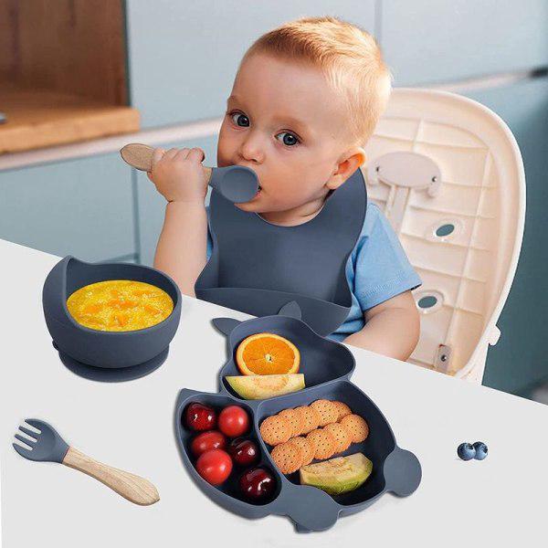 Barnetallerken, baby, småbarn i silikon, gaffel,