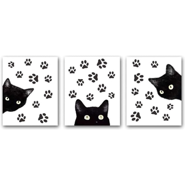 Sæt med 3 Animal Cat Wall Art Prints, sjov plakat med sort kat og Krall