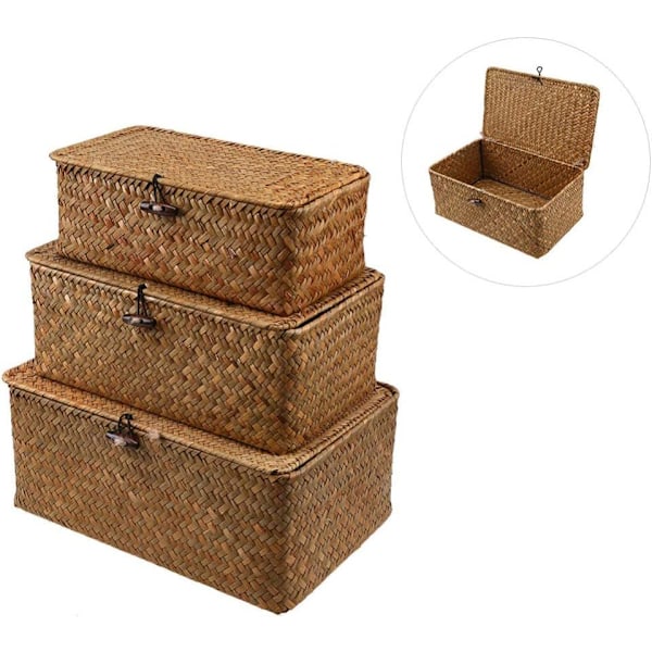 Flettet kurv Fletkurv med låg Søgræs Vasketøj Rattan Organizer Box til