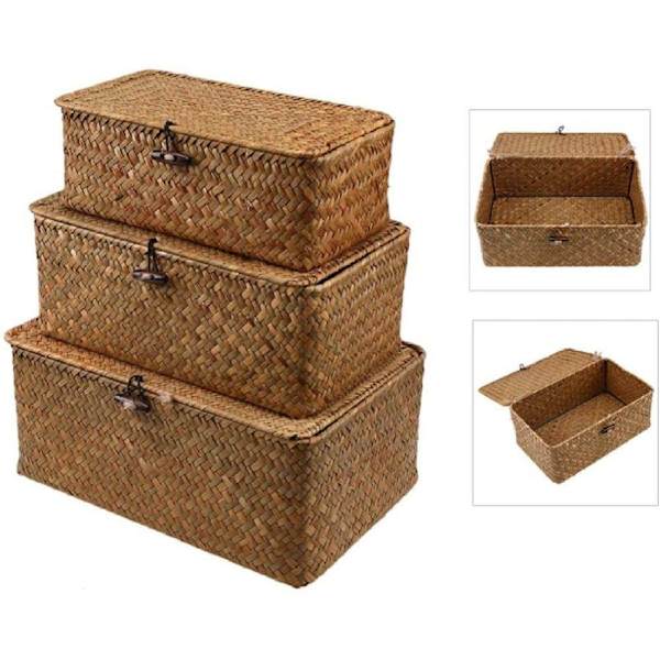Flettet kurv Fletkurv med låg Søgræs Vasketøj Rattan Organizer Box til