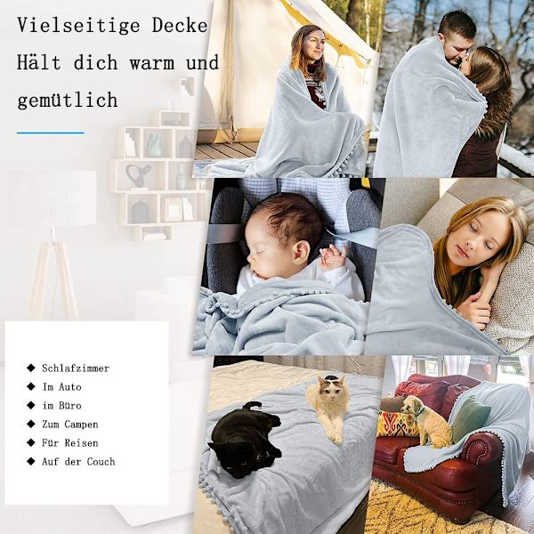 Flannel tæppe, pomponer, hyggeligt tæppe, sofatæpper - fleece tæppe til sofa, hvid