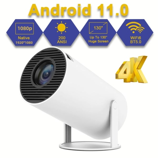 4k HD -projektori HY300 Android 11 kannettava ulkokäyttöinen kotiteatteriprojektori Dual Wifi6 200 Bt5.0 1080p 1280*720p