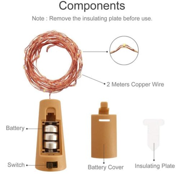 12 stk) flaskelys batteri, 2m 20 LED glass kork lys kobbertråd